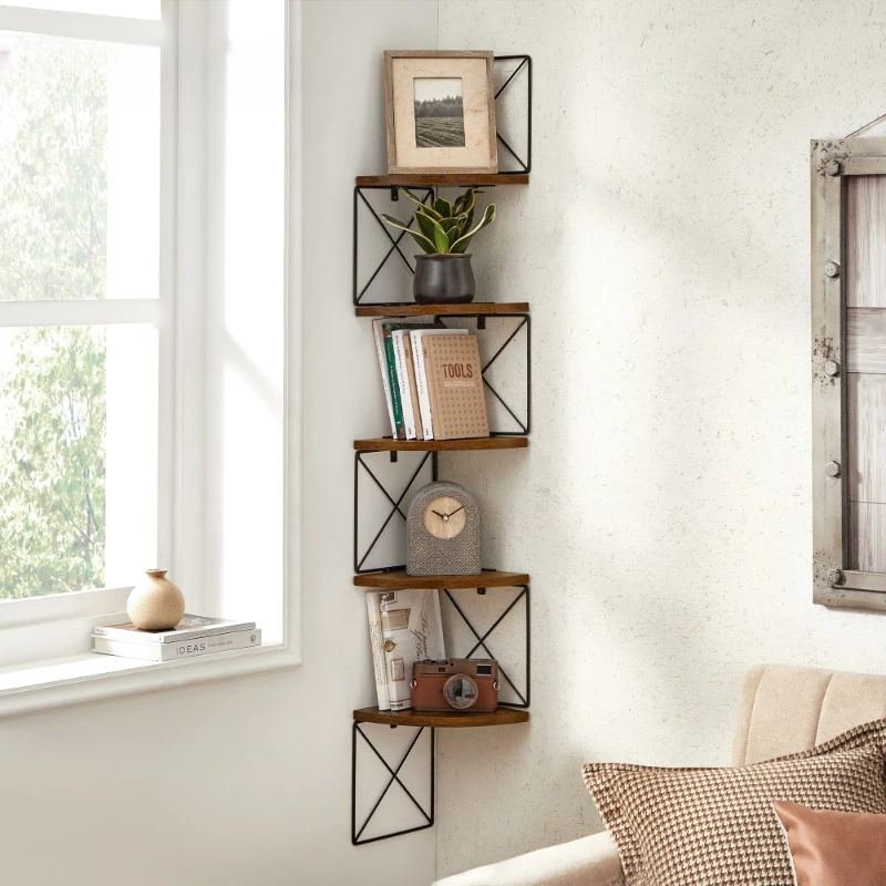 5 Tier Corner Shelf Wall Mount Zig Zag Storage Rack Rustic Wood Floating Shelves Wall Shelves for home storage