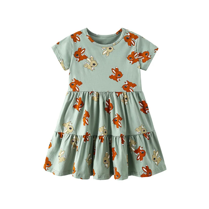 Jumping Meters 2-7T Summer Princess Girls Dresses Short Sleeve Animals Bunny Children\'s Clothing Hot Selling Toddler Kids Frocks