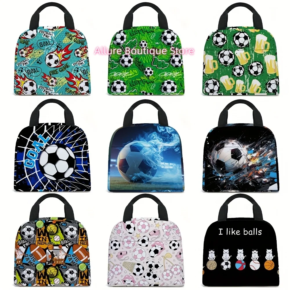 Soccer Lunch Bag - Insulated Thermal Tote with Soccer Balls, Goals, Players - Non-Food Contact Cooler Bag for Men & Women, Durab