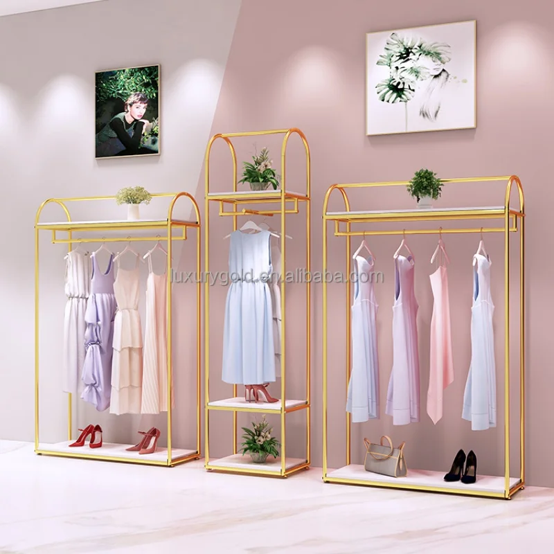 custom.Custom Women Retail Cloth Display Stand Stainless Steel More Layers Clothes Rack Metal Boutique Clothing Racks for C