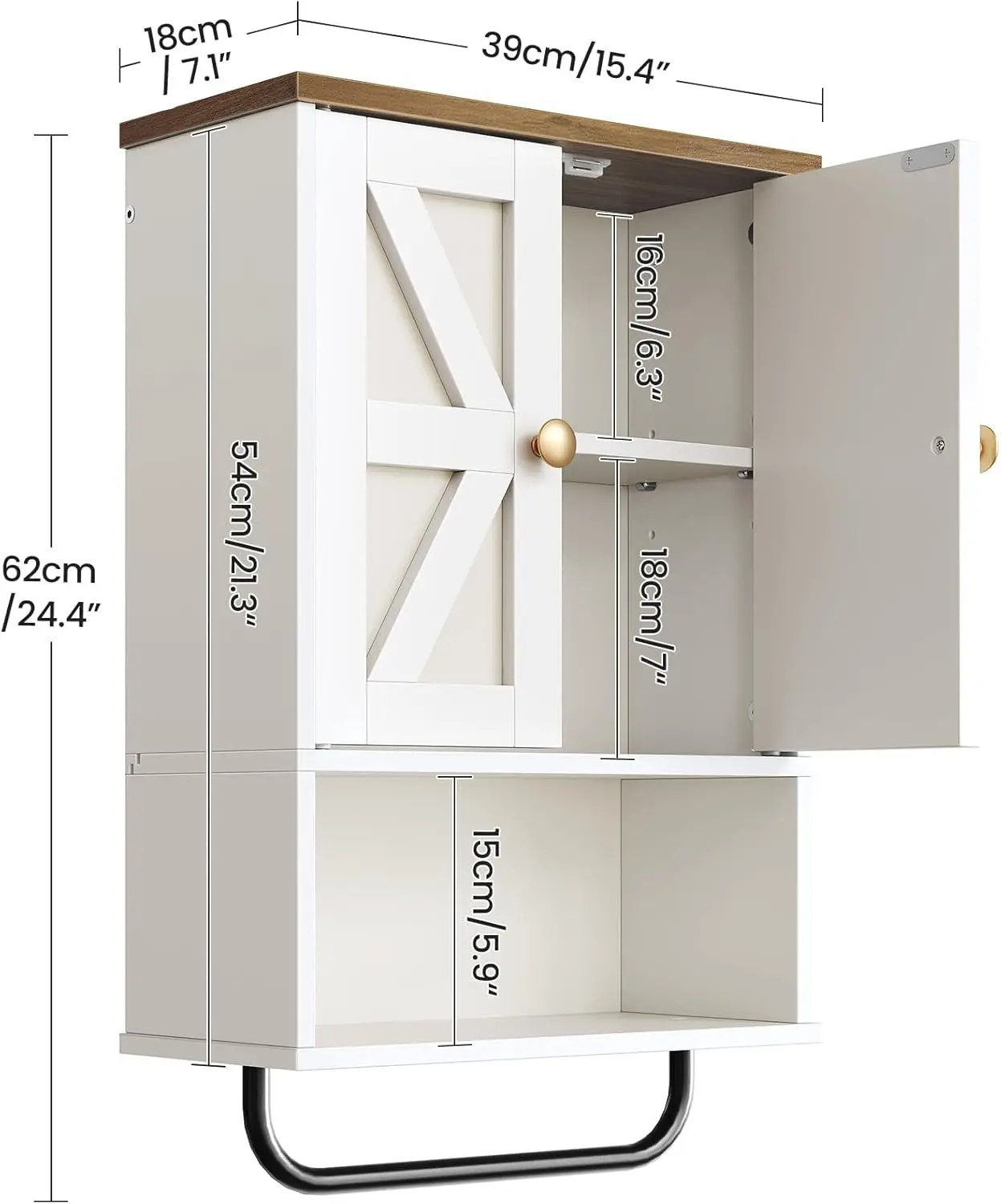 

Bathroom Wall Cabinet, Medicine Cabinet With Open Partition And Towel Bar, Rustic Storage Cabinet With Open And Hidden Storage