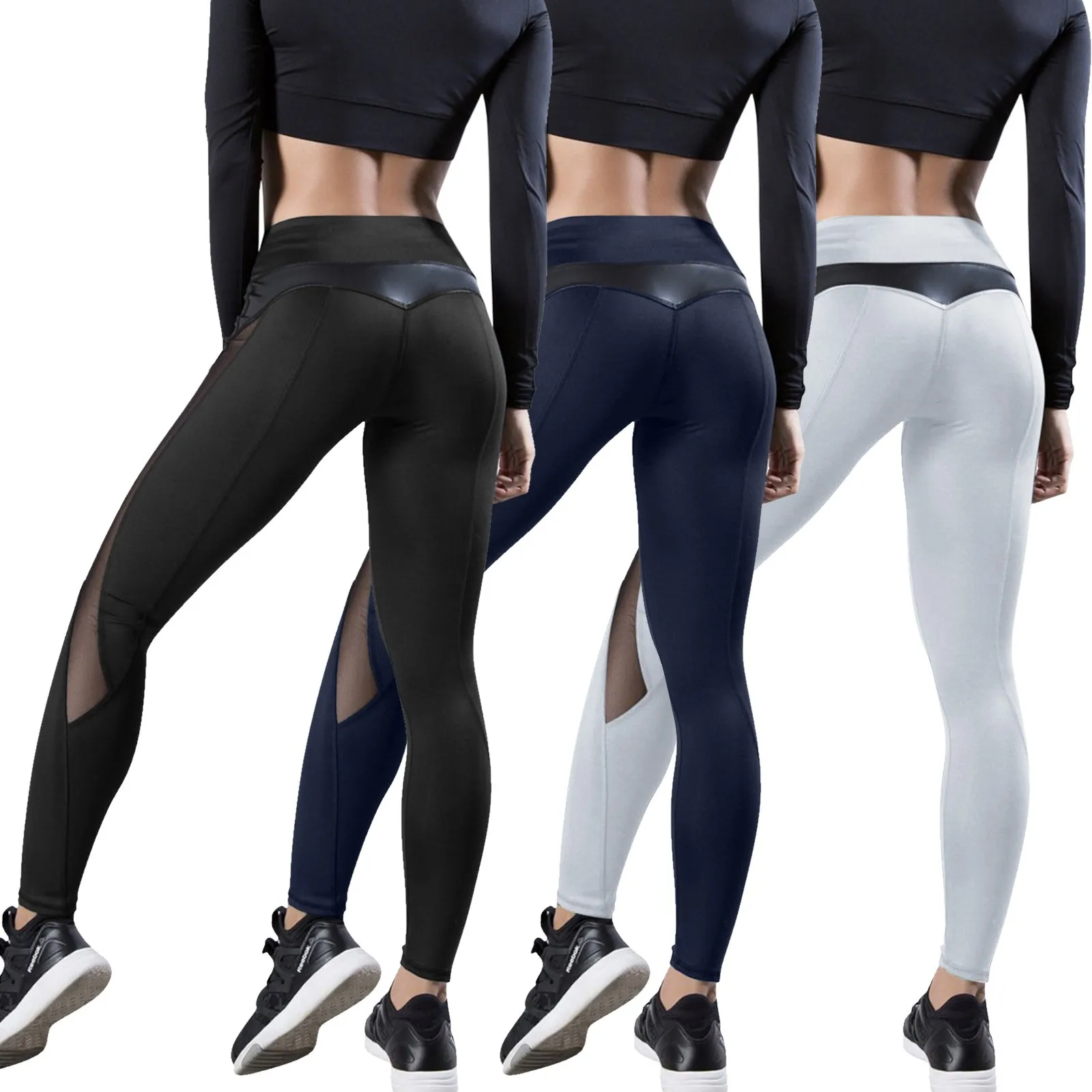 Women\'s Sexy Mesh Patchwork Hip Lifting Yoga Pants Exercise Leggings Solid Color Elastic Slim Fit Breathable Female Sports Pants