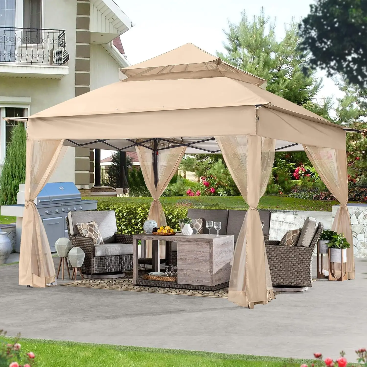 NEW Pop Up Gazebo 11x11 - Outdoor Canopy Tent with Mosquito Netting for Patio Garden Backyard (Khaki)