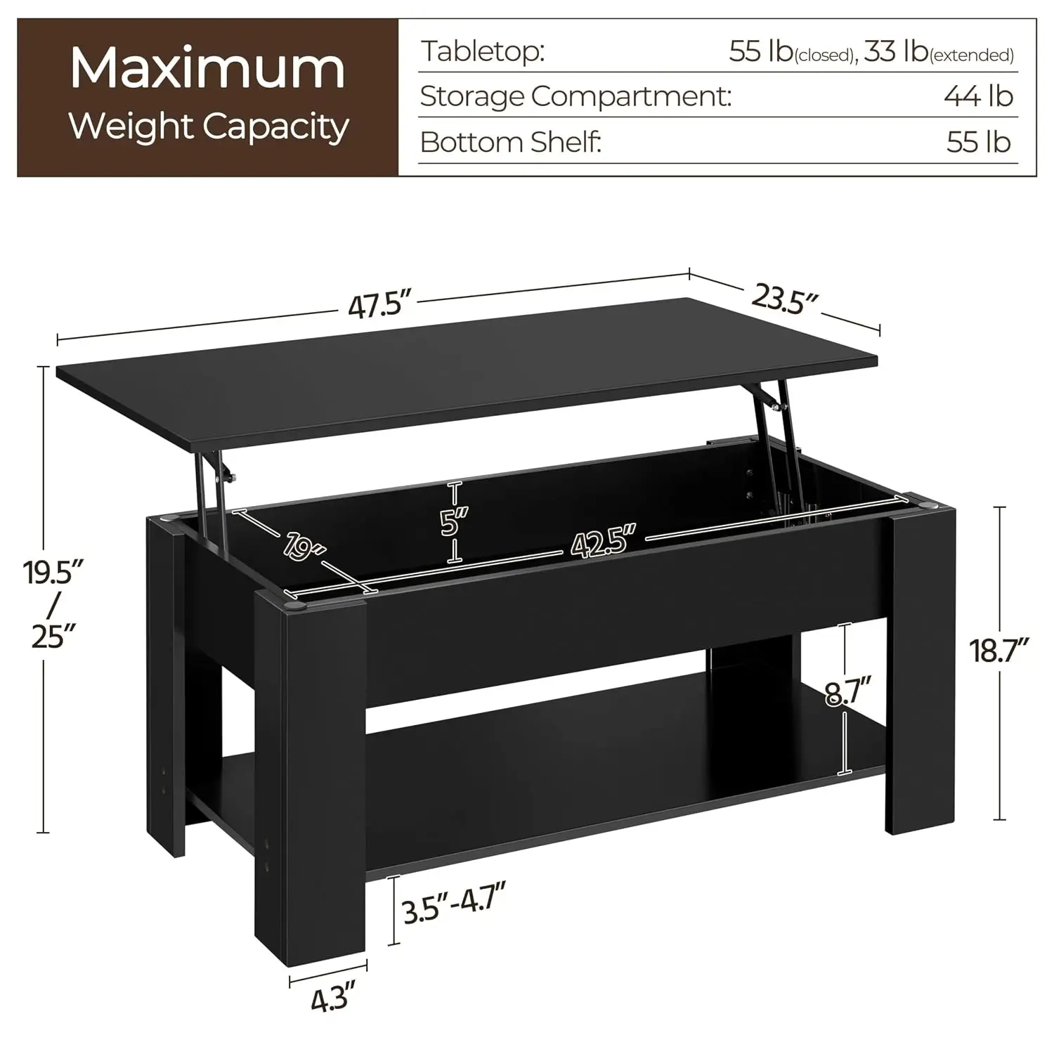 47.2" Lift Top Coffee Table with Hidden Storage & Shelf, Black
