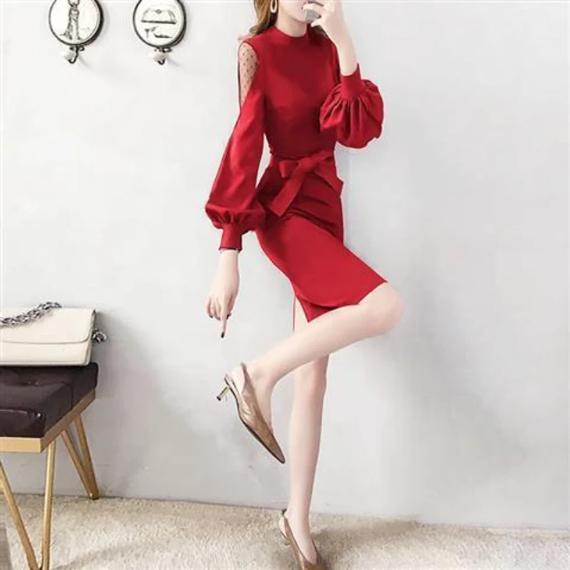 Woman Dress Midi Dresses for Women Cover Up Clothes Turtleneck Crochet Knee Length Solid Sexy Daring Over The Shoulder Knitted