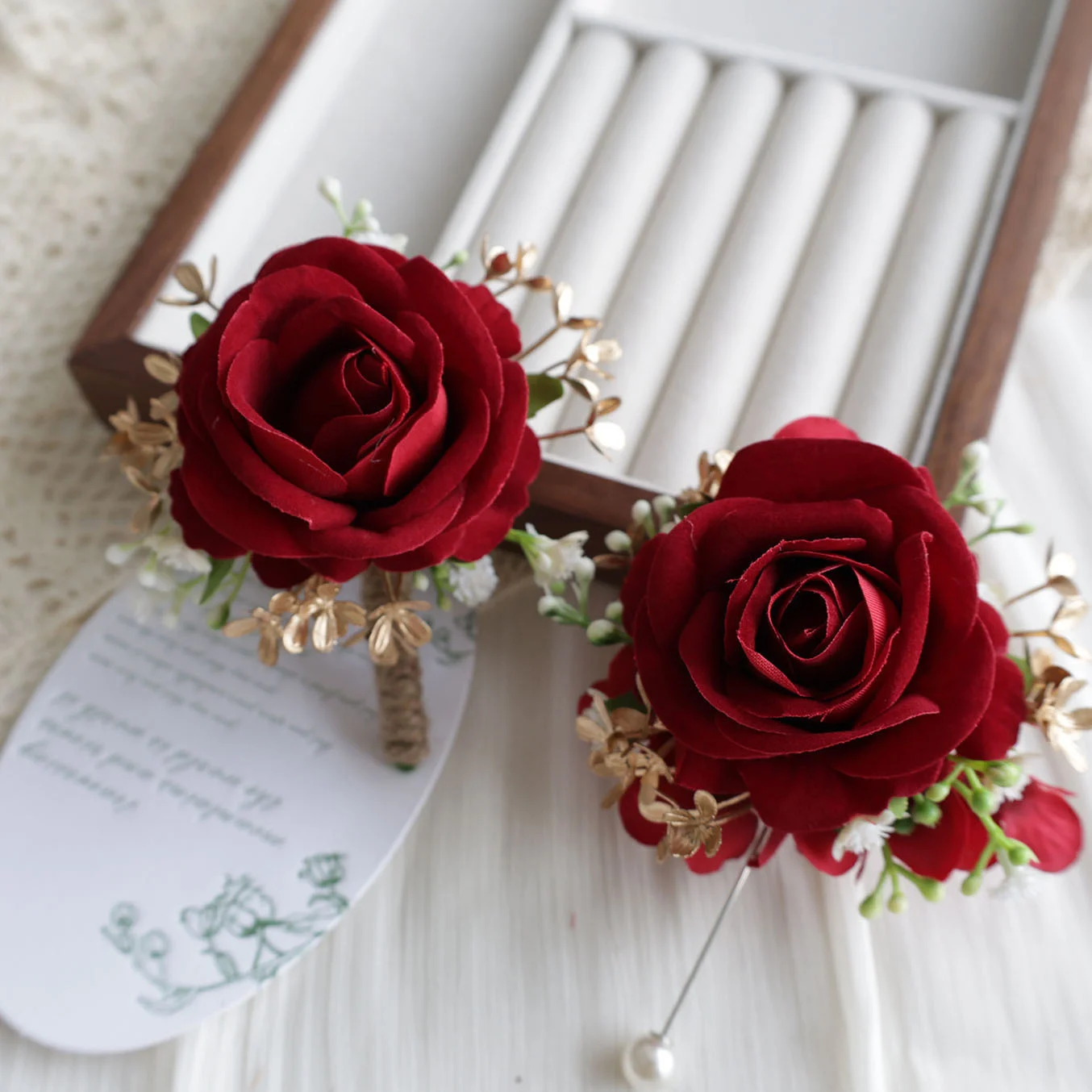 

H0037 Red Rose Wrist Corsage Wristlet Band Bracelet and Men Boutonniere for Wedding Artificial Flower Prom Decorations
