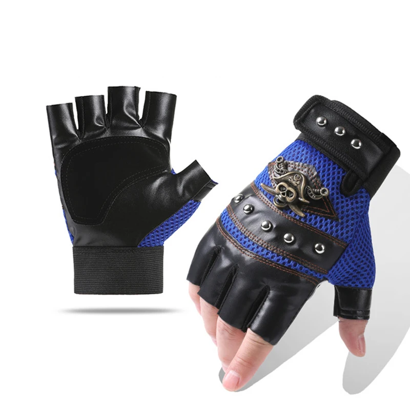 男性パンクオートバイ手袋夏春リベット海賊スカルストリートダンス通気性ハーフフィンガー滑り止め Pu レザー手袋