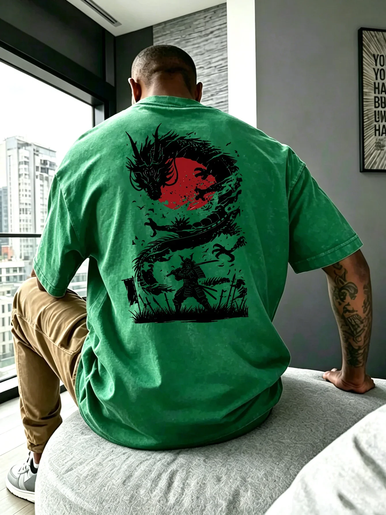 Men's Heavyweight T-shirt Oriental Dragon Red Sun Silhouette Print Vintage Acid Wash Streetwear Fitness Short Sleeve S-3XL