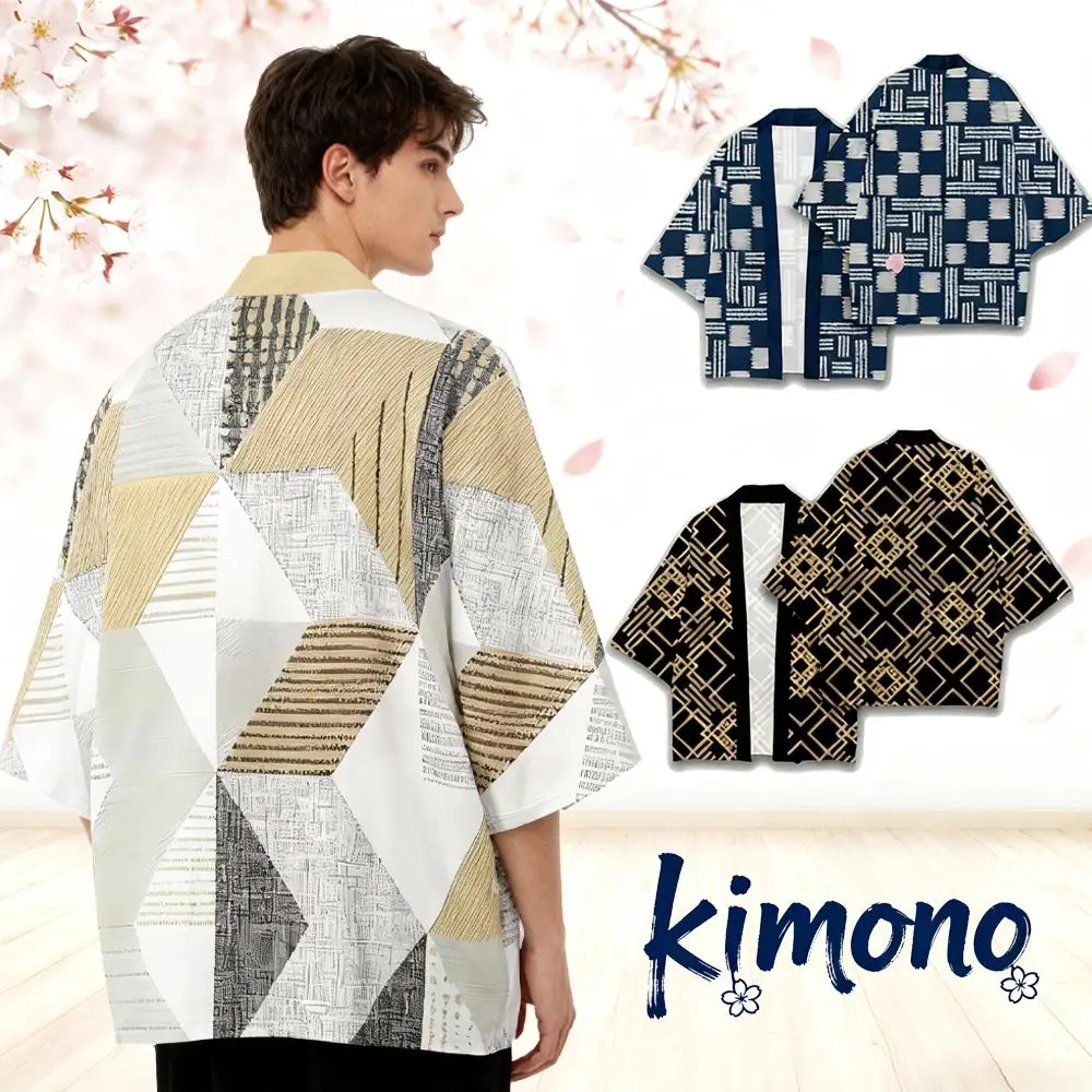 

Men's Minimalist Geometric Pattern Kimono Harajuku Casual Vacation Beach Cardigan Yukata Fashion Japanese Traditional Print Wear