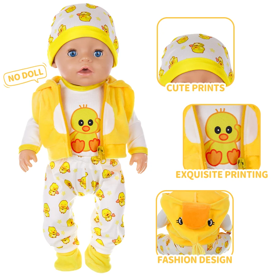 Doll Clothes 18Inch/45cm Cute Yellow Duck Jacket Hoodie Pants Baby Born Doll Rebirth Doll Clothes Accessory Doll Girl Gift