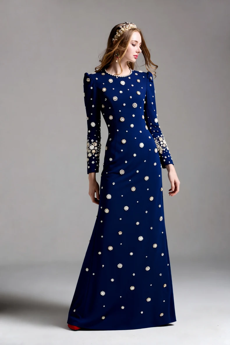 فستان سهرة نسائي طويل الأكمام أنيق من حجر الراين مزين بالخرز فستان رسمي لحفلات الزفاف والحفلات والمناسبات #3