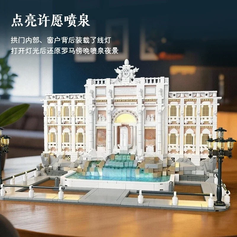 MOC Trevi Fountain Rome Landmark Building Blocks Model With LED Lights Advanced Assembly Architectural Collection