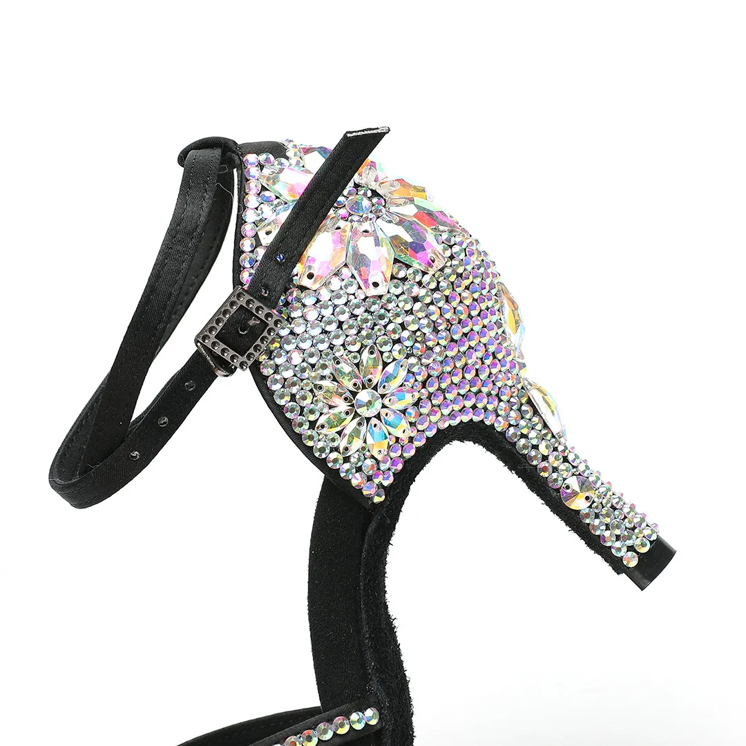 Buty do tańca latynoamerykańskiego salsa, brązowo-czarne, satynowe, z dżetami na obcasie, konkurencyjne buty taneczne damskie na imprezę.