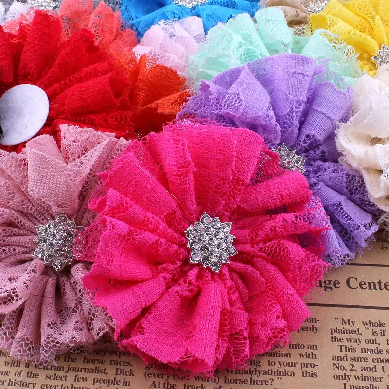 5pcs/lot 7CM 15 Colors Excellent Artificial Chic Shabby Fabric Lace Mesh Flower Accessories+Alloy Snow Rhinestone Button