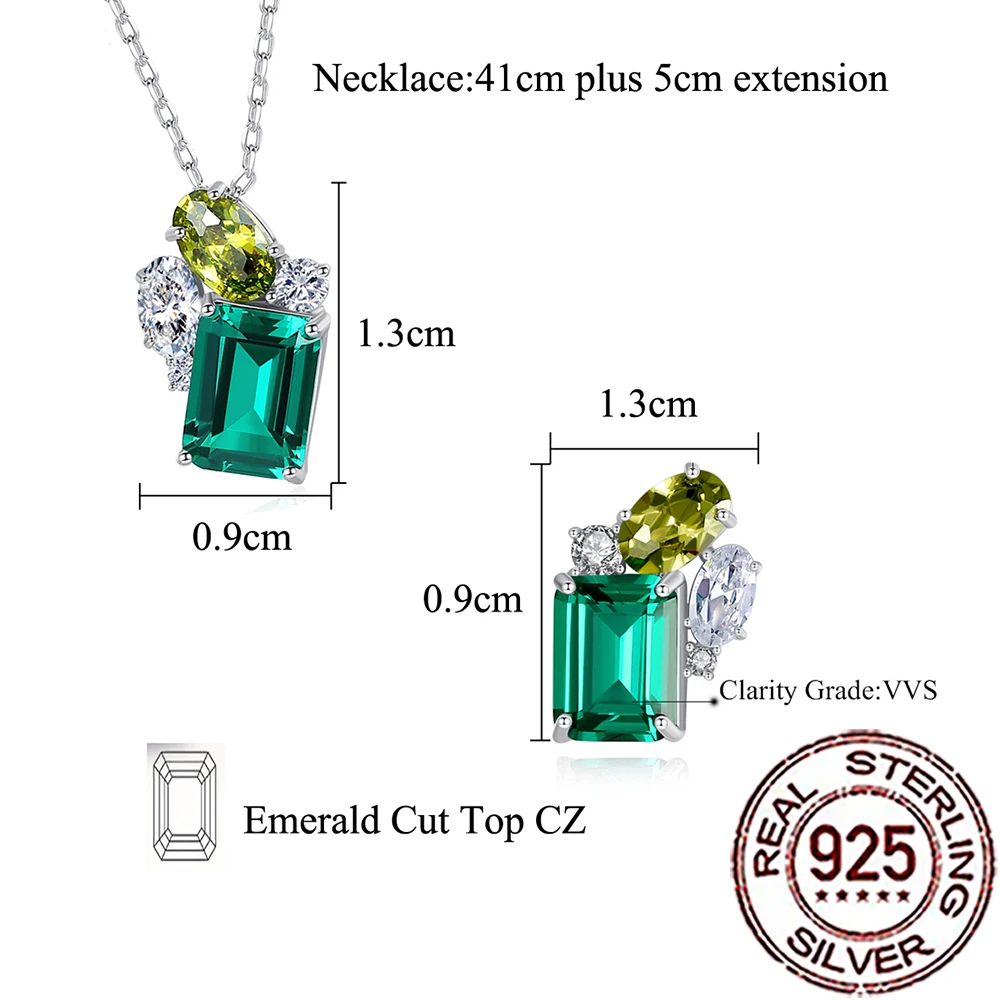 CWWZircons 925 Sterling Silver Geometric Emerald Green Cubic Zircon Necklace 2Pcs Set for Women Wedding Party Fine Jewelry ST048