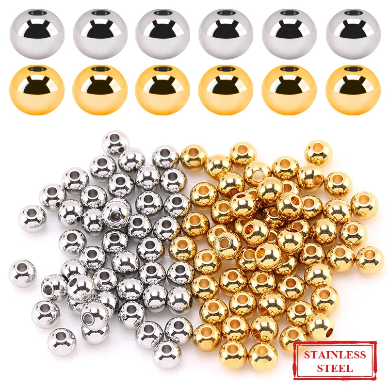 Original Gold Color Metal Spacer Beads 304 Stainless Steel Smooth Round Loose Beads for DIY Bracelet Necklace Jewelry Making