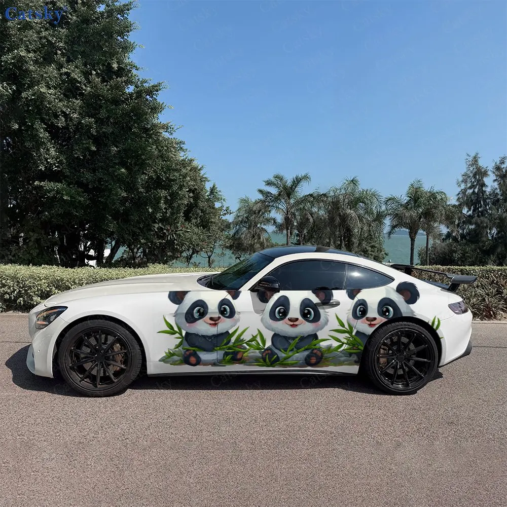 2pcs Three Adorable Pandas Sticker, Durable, Fade-resistant, Enhance The Beauty Of Your Vehicle Bold Art Design Car Vinyl Wrap