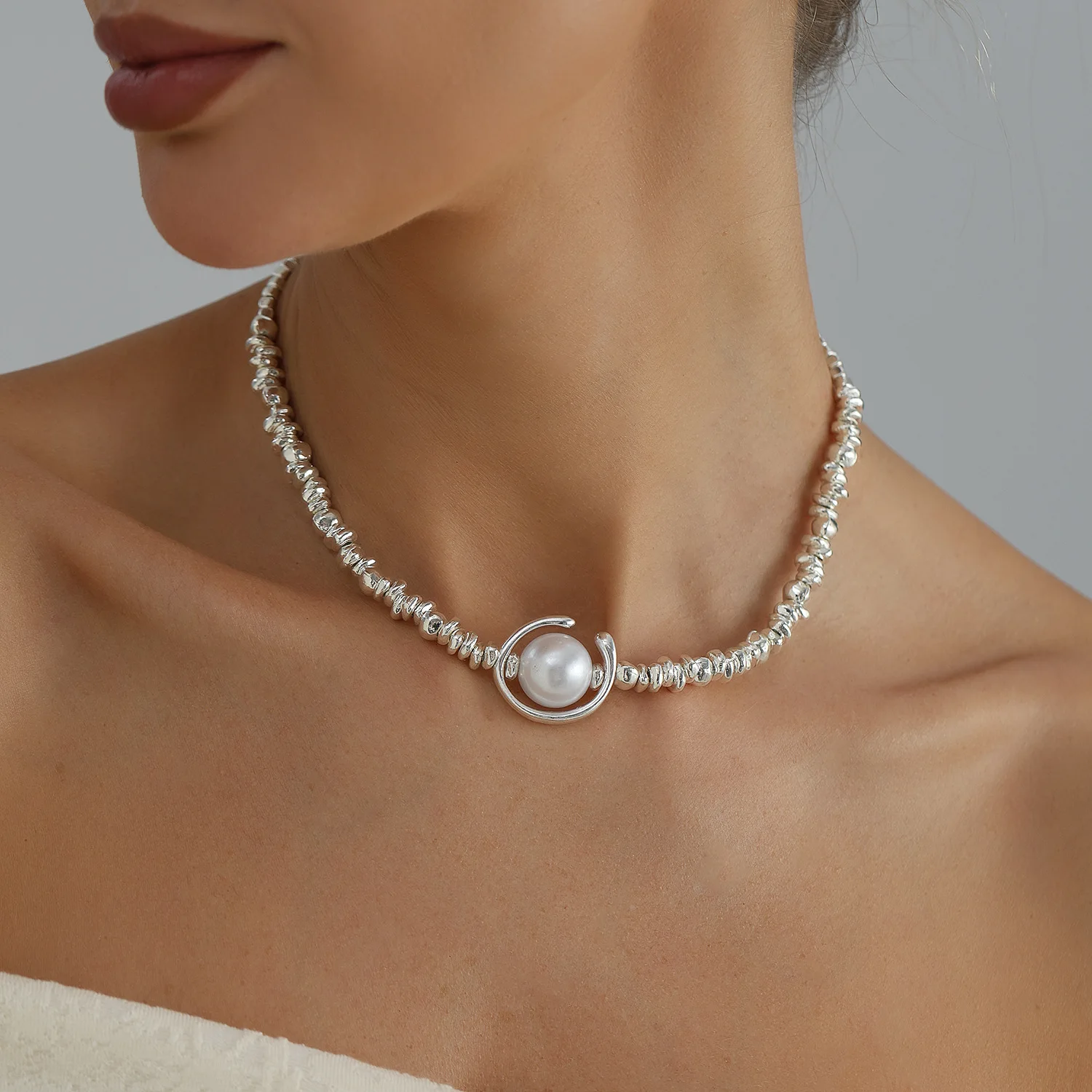 Creativity Irregular Broken Silver Alloy Imitation Pearl Bead Necklaces Bracelets for Women Simple  Versatile Jewelry Accessory