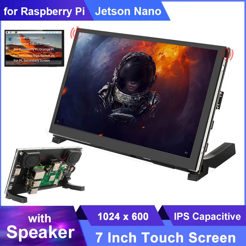 7 인치 라즈베리 파이 터치 스크린 1024x600 IPS LCD, 라즈베리 파이 5 4 3B + 3B / Jetson Nano PC 보조 화면 용 스피커 포함