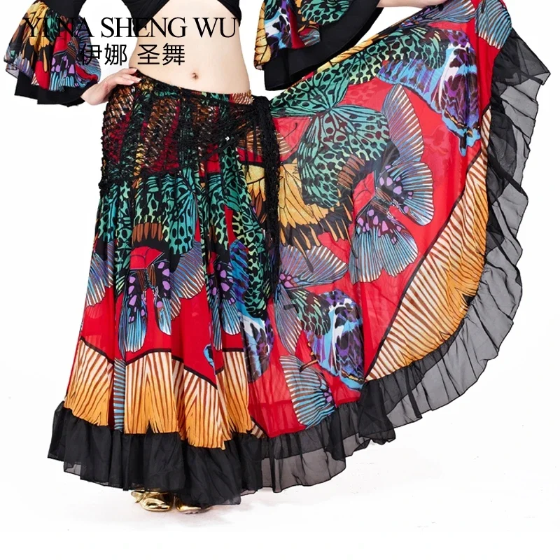 1pc 部族ベリーダンスパフォーマンスジプシースカート蝶全円フラメンコスカート女性ベリーダンススカートシフォン 360 度