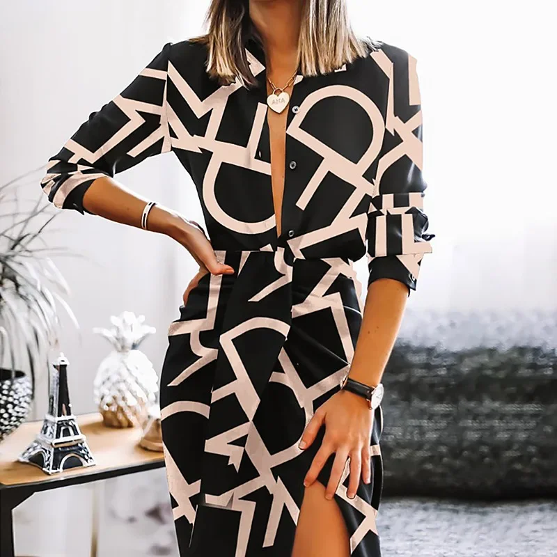 2024 Spring Summer New Cross-Border Amazon Europe Printed Long Sleeve Sexy Deep V Side Slit Bodycon Skirt Women's