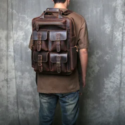 Genuine Leather Retro Top Layer Cowhide Backpack Large Capacity Crazy Horse Leather Backpack Men's Travel Bag Computer Bag