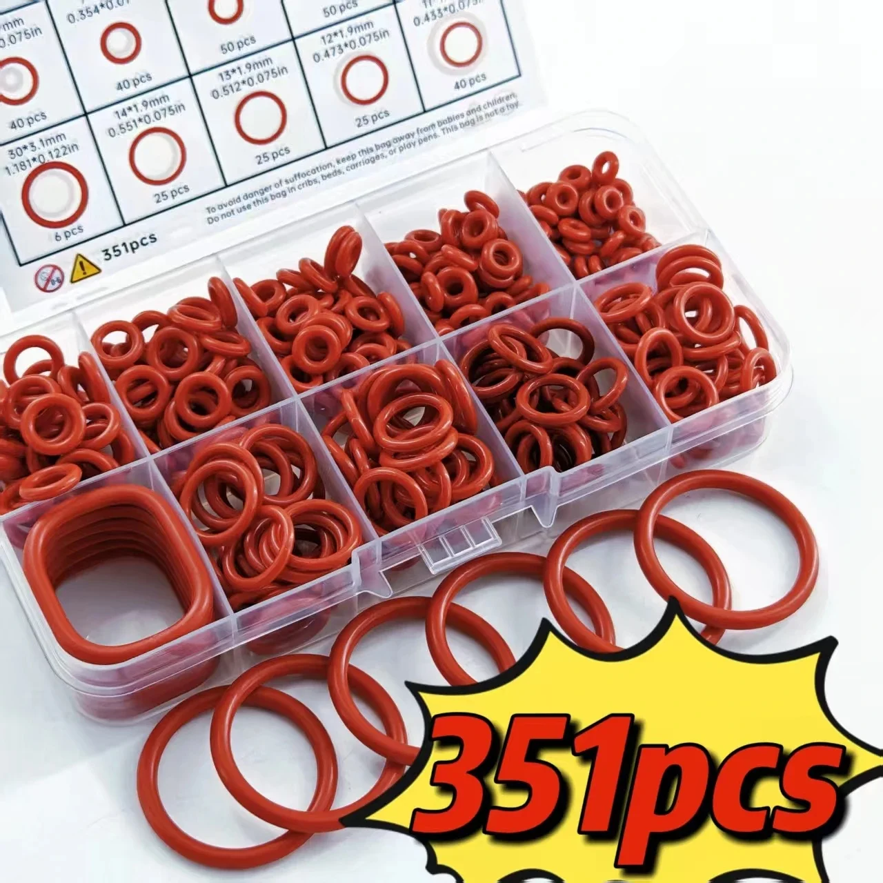351pcs Silicone O-Ring Set, 10 Sizes, Oil and Heat Resistant, Suitable for Cars and Pipelines