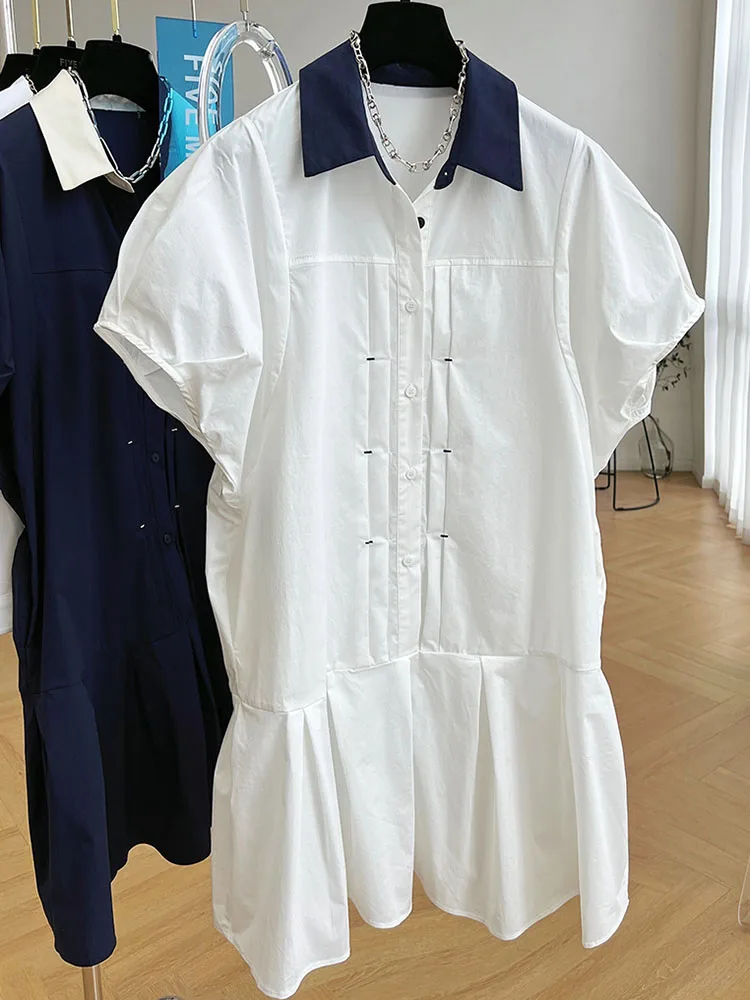 Fashion 2024 New Female Summer Vintage Casual Niche Design Sense Slim Dress Turn-down Collar Bubble Sleeve Shirt Dress