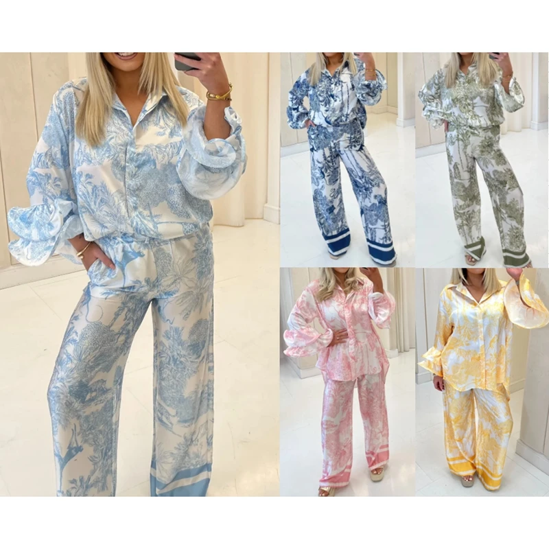 Combhasaki conjunto de roupas femininas de seda, 2 peças, estampa de árvore, babado, em camadas, manga comprida, camisa com botão + calças de cintura elástica