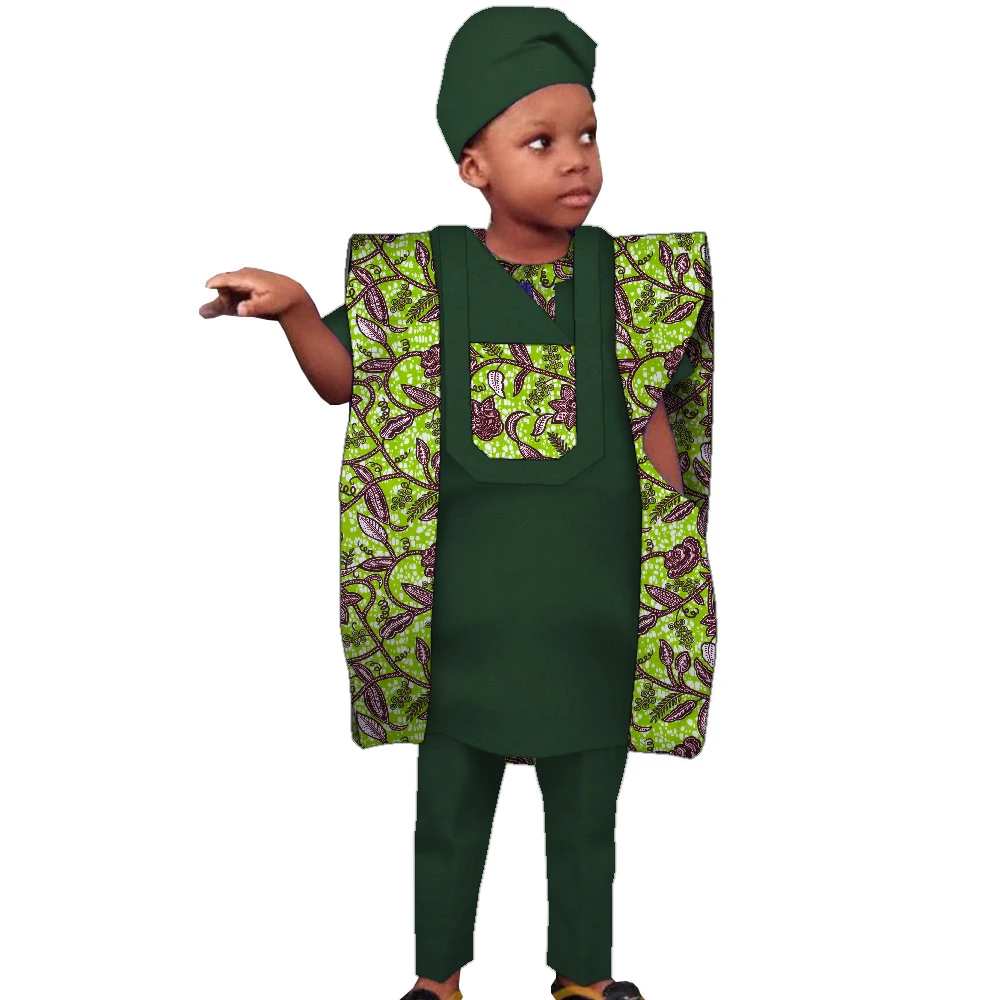 Children\'s Clothing African Agbada Robe Suit for Kids Patchwork Dashiki Boy Suit 4 Pcs Set Shirt Pant and Coat with Hat WYT619