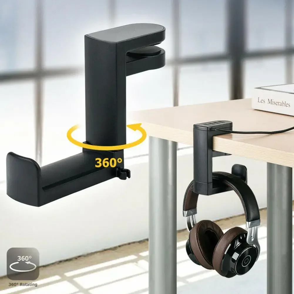 No Punch Table Clip Hook for Headphone Holder 360 Degree Rotating Headset Storage Hanging Rack Under Desk Earphone Hanger