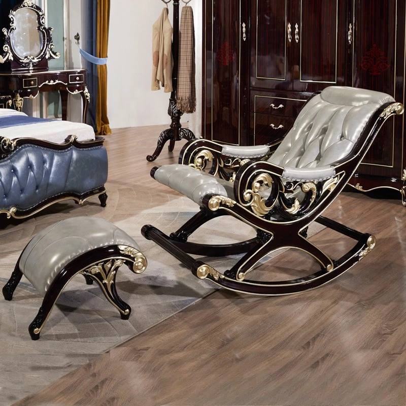 Solid wood carving flower leather rocking chair home luxury recliner living room bedroom sofa first layer cowhide rocking chair