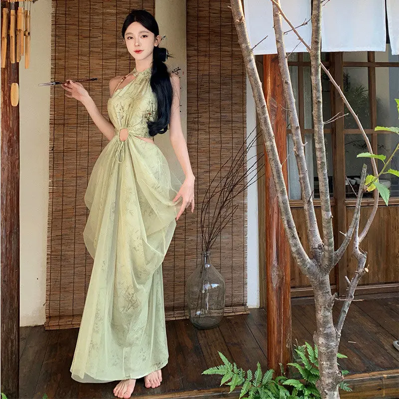 MiiiiX New Chinese Style Long Dress Women Summer 2024 New Waist Gauze Splicing Bamboo Printed Hollow Halter Elegant Party Dress