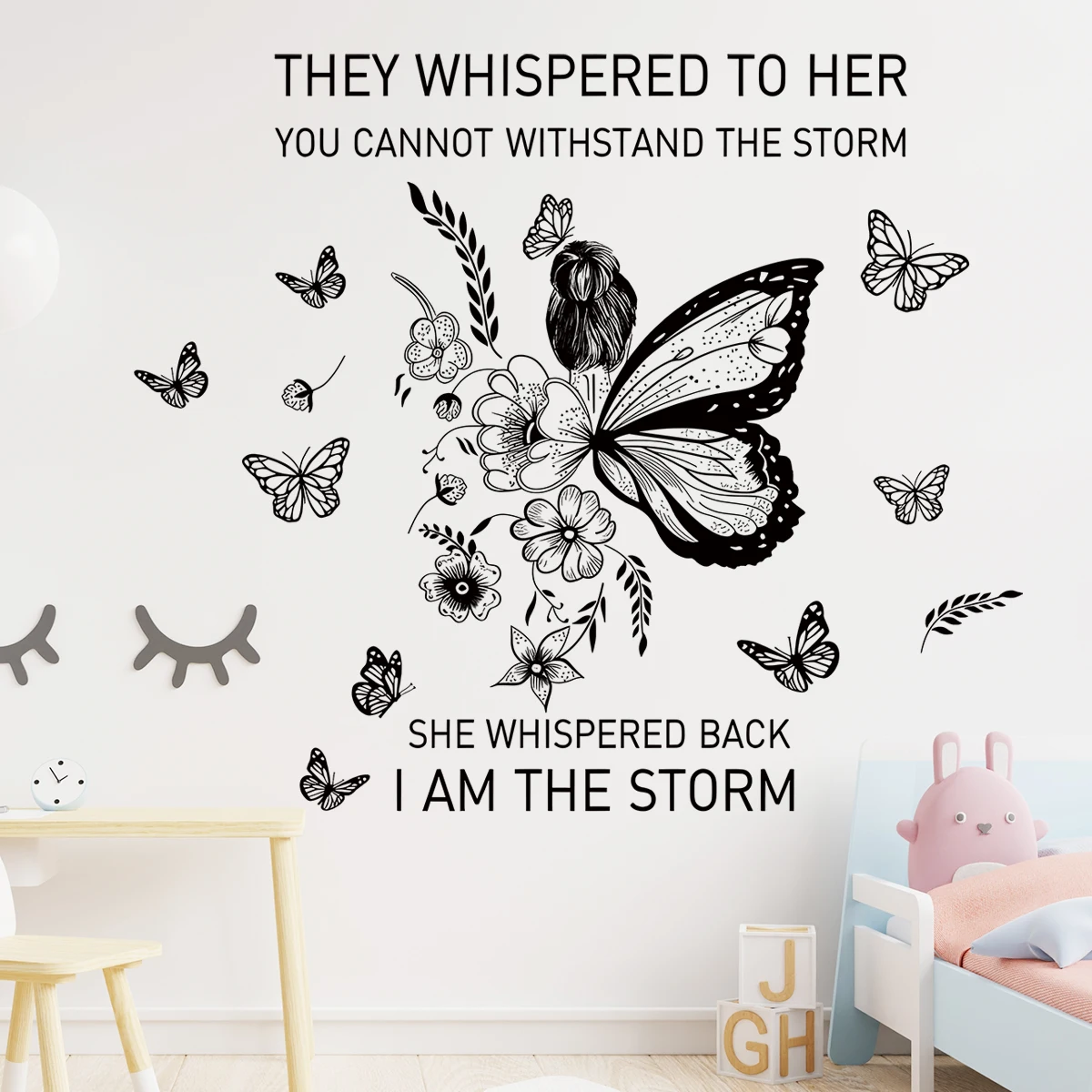 Inspirational Phrases”I Am The Storm..“Flower Vine Butterfly Art Wall Stickers for Bedroom Living Room Decoration Wall Decals