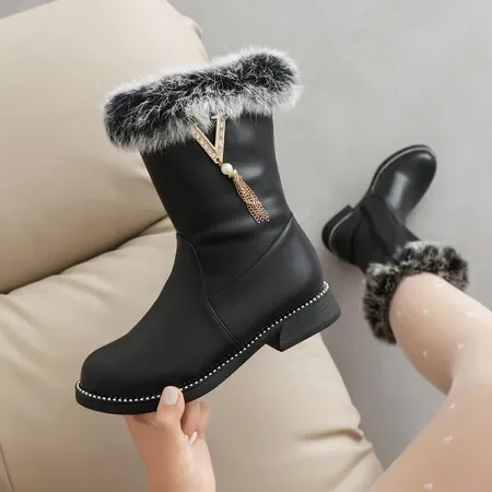 Women Warm Fur White Snow Boots Autumn Winter Height Increasing Pu Ankle Boots Round Toe Belt Buckle Padded Booties Daily Shoes