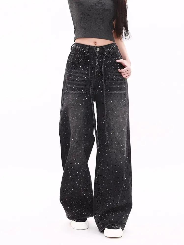 

Y2K Women Star Print Jeans Black Grey Distressed Wide Leg Pants Summer Loose Fit Tie Waist Denim Trousers with Hot Drill