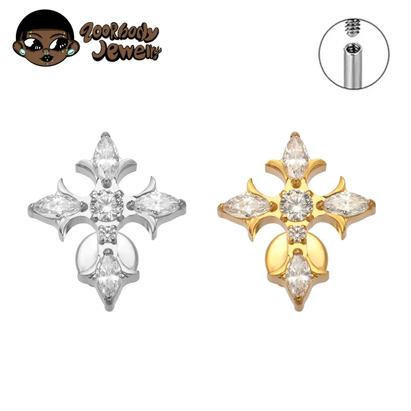 ASTM F136 Titanium Marquise Cross Lab Piercing Gothic Punk Lobe Ear Studs Flat Internal Thread Labret Nose Studs Lip Studs