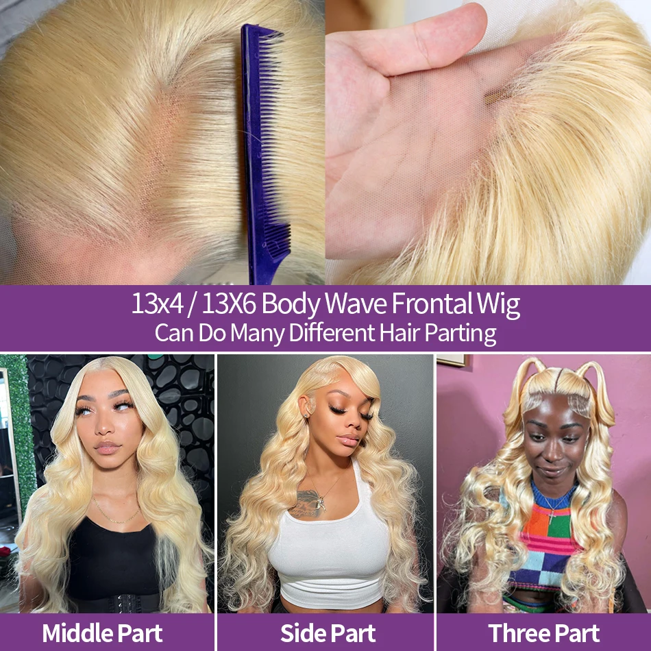 Perruque Lace Front Body Wave Brésilienne Naturelle, Cheveux Humains Colorés, Blond Miel 613, 13x6 HD, 13x4, pour Femme