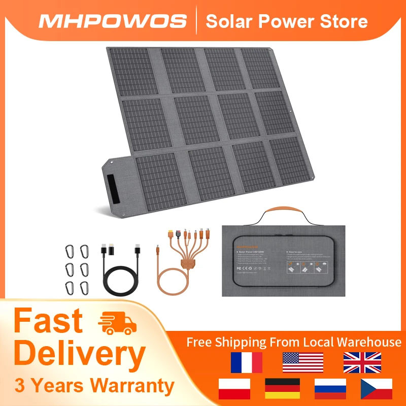 MHPOWOS 120W Foldable Solar Panel with USB-C/DC Outputs Portable Battery Charger For Outdoor Waterproof Power Camping