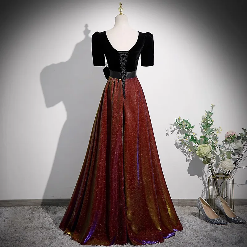 Robe de soirée longue noire pour Banquet, nouveau Style pour femmes, Noble et élégante, amincissante, ensemble haut à manches mi-longues, robe à cravate d'hôte, 2025