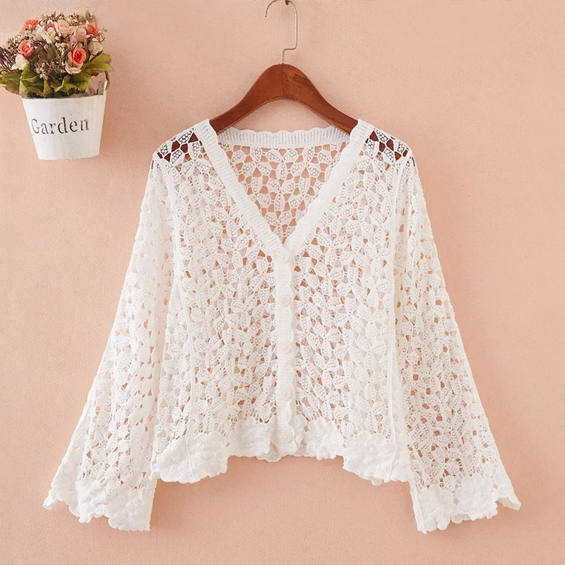 Womens Crochet Top with Long Sleeve Button Front Flower Embroidery White Hollow-out Open-knit Cardigan Summer Beach Wear