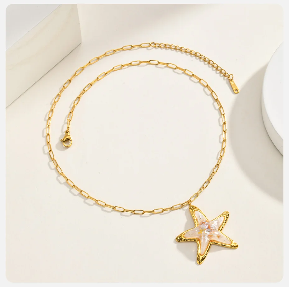 Vnox Bohemia Blau-Rosa Harz-Muschel-Seestern Offenes Armband Halskette Ohrringe Vergoldet Hypoallergen Wasserdichter Strand-Schmuck – Detail 23
