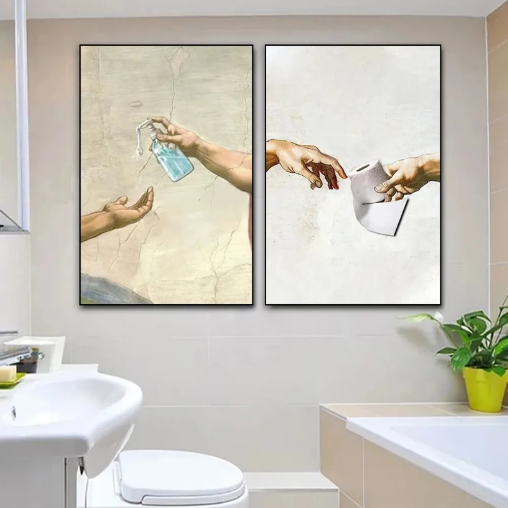 Retro Hand of God and Adam Funny Toilet Paper Picture Wall Art Print Canvas Painting Posters for Living Room Modern Home Decor