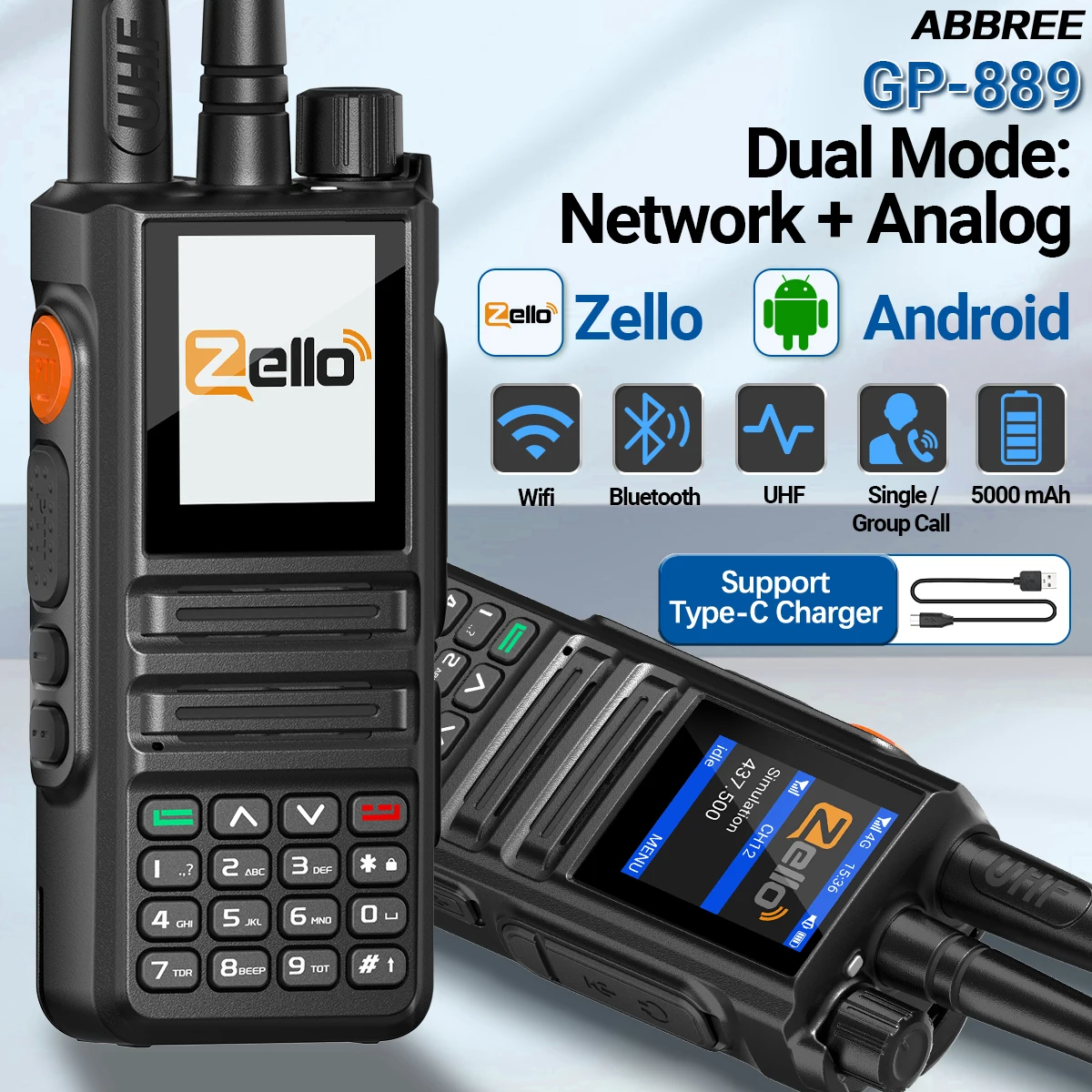 ABBREE GP-889 Walkie Talkie Dual Mode POC Network Radio ZELLO Global UHF Bluetooth WIFI Android 2/3/4G Type-C Ham Radio Hunting