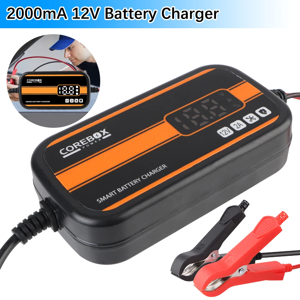 12V 2A Automatic for Car/RV/ATV/Boat Lead Acid AGM Gel Charger Intelligent Car Motorcycle Battery Charger with LCD Display