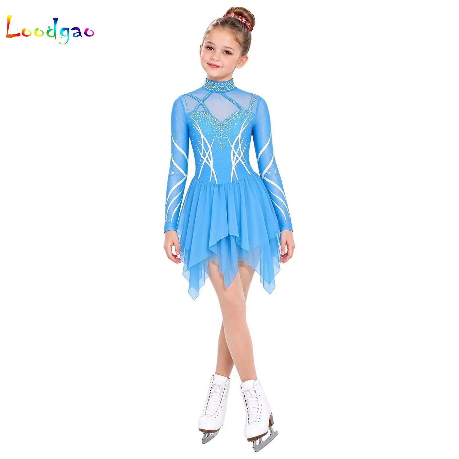 Kids Figure Skating Dress Long Sleeve Rhinestones Tiered Ruffled Tulle Skirted Leotard Jumpsuit Ballet Competition Dancewear
