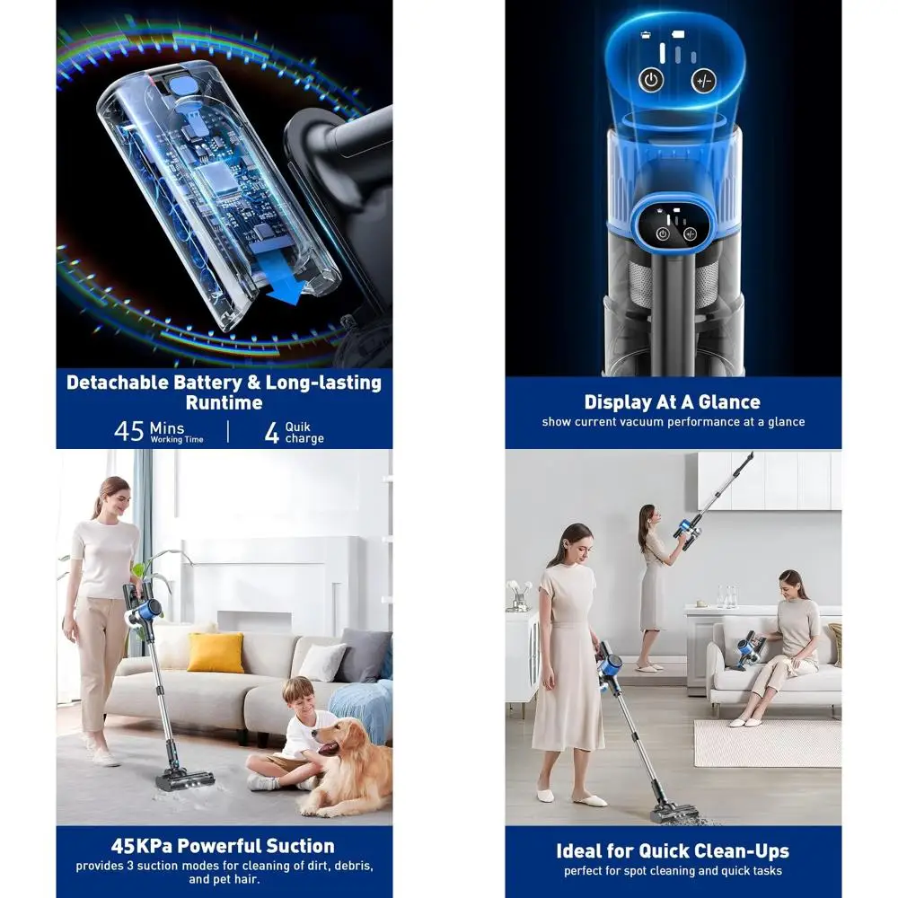 

Multi-Functional Cordless Vacuum: 8-in-1 Strong Suction, Lightweight, LED Display, 3 Modes, 45 Mins Battery for Floors, Carpets,