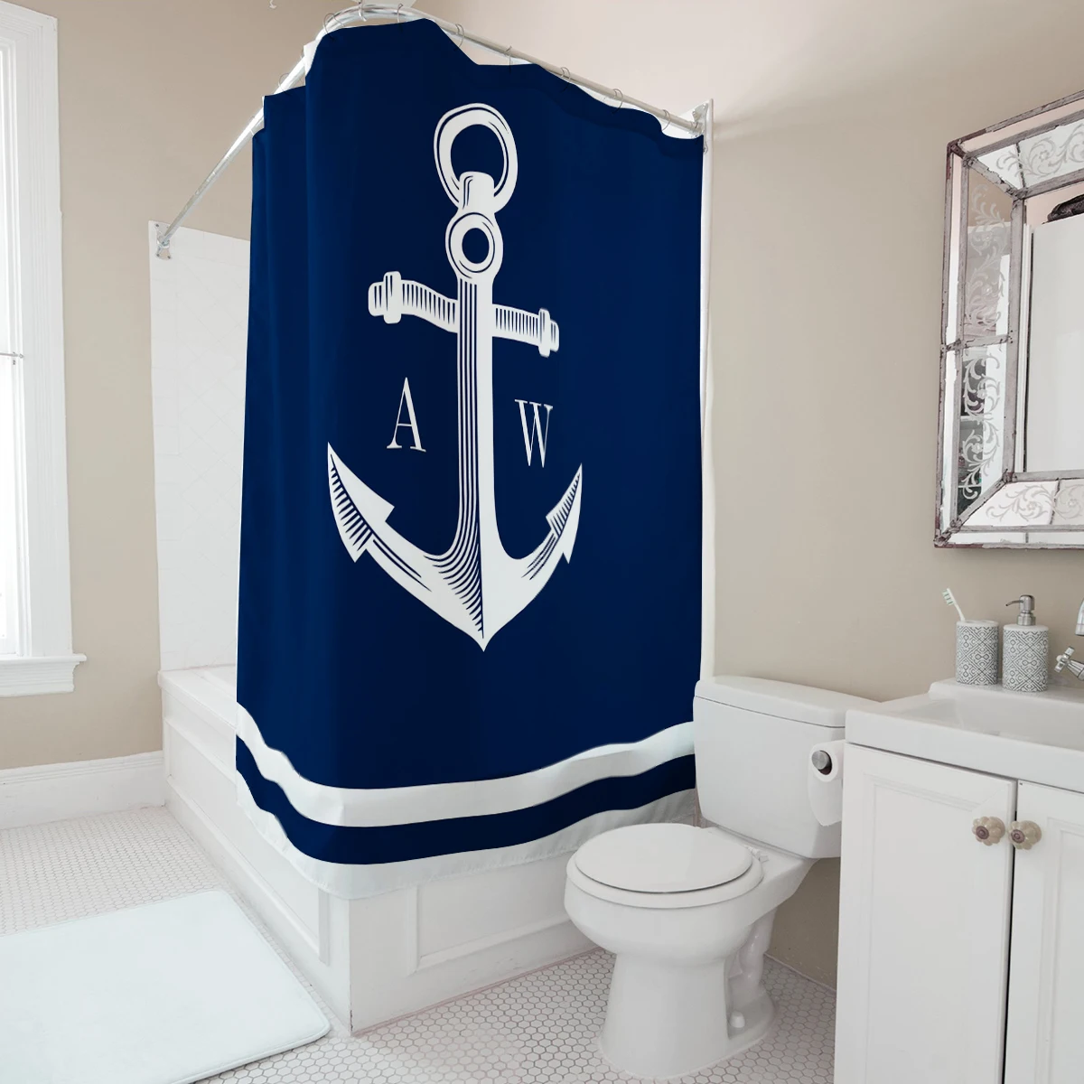 Custom Name Nautical Shower Curtain Anchor Design Waterproof Fabric Bathroom Decor Ocean Themed Personalized Bath Curtain