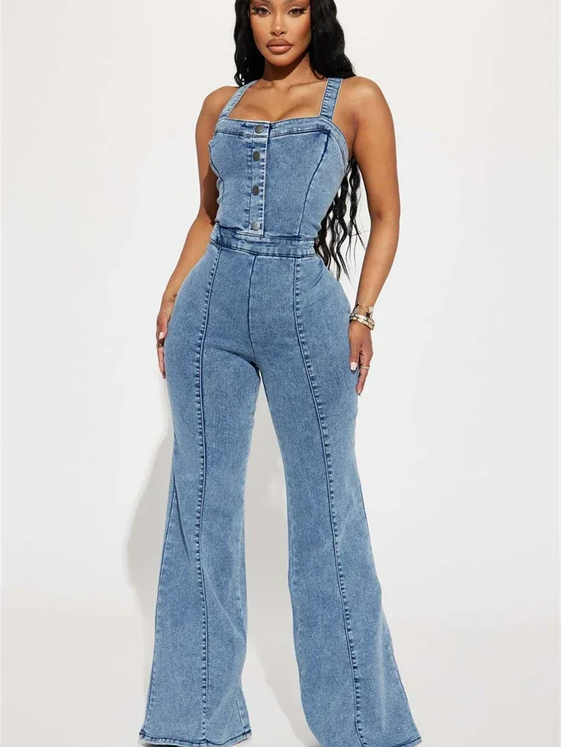 

Vintage Denim Jumpsuits for Women Summer Y2K Clothing Button Up Jean Flare Pants Strappy Rompers Playsutis One Pieces Overalls