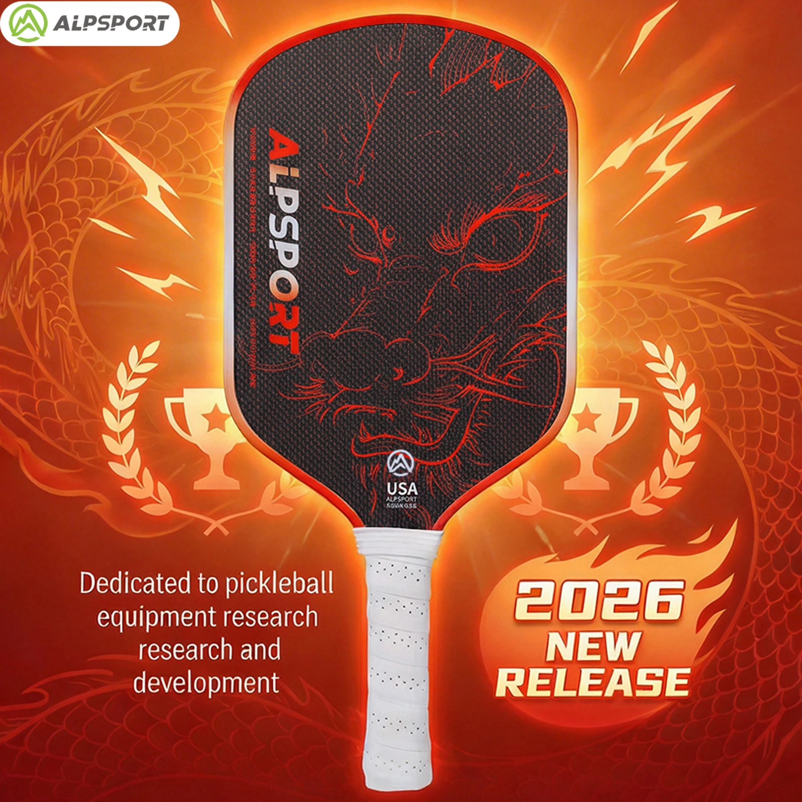 ALPSPORT Draca Pickleball Paddle 16mm Gen4 Core Thermoformed Titanium Alloy T800 Carbon Fiber Increases Spin & Power
